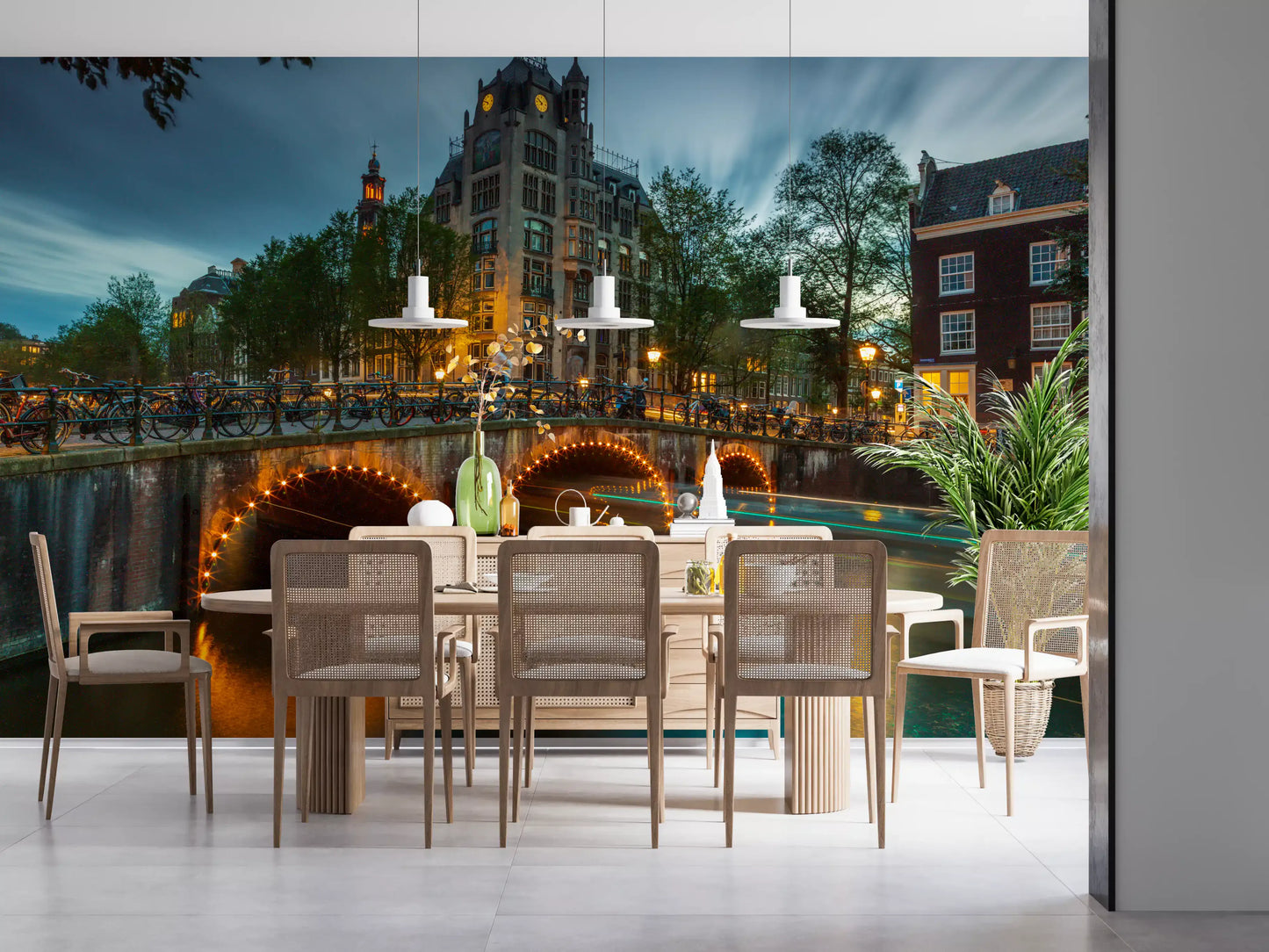 Amsterdam Canal Evening Illumination Wall Mural