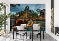 Amsterdam Canal Evening Illumination Wall Mural