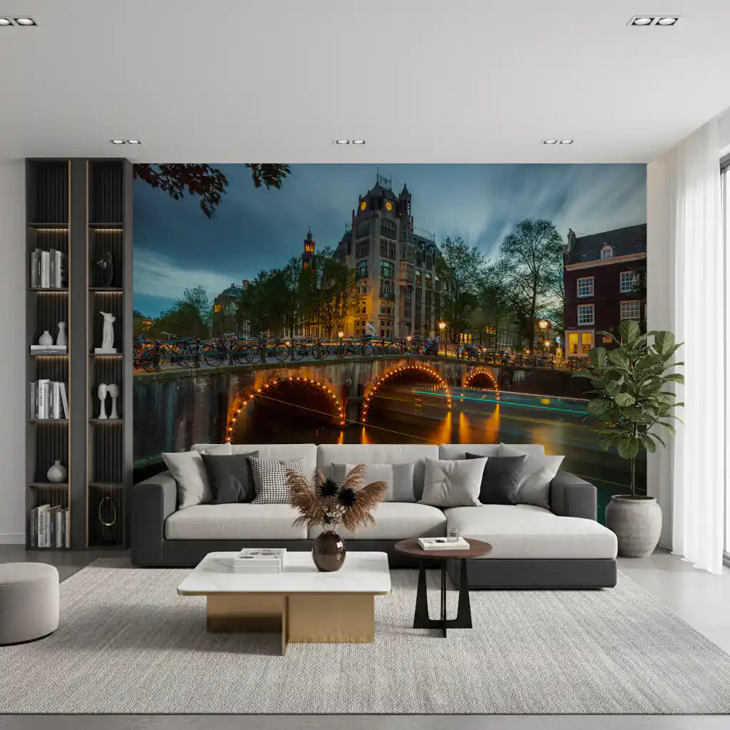 Amsterdam Canal Evening Illumination Wall Mural