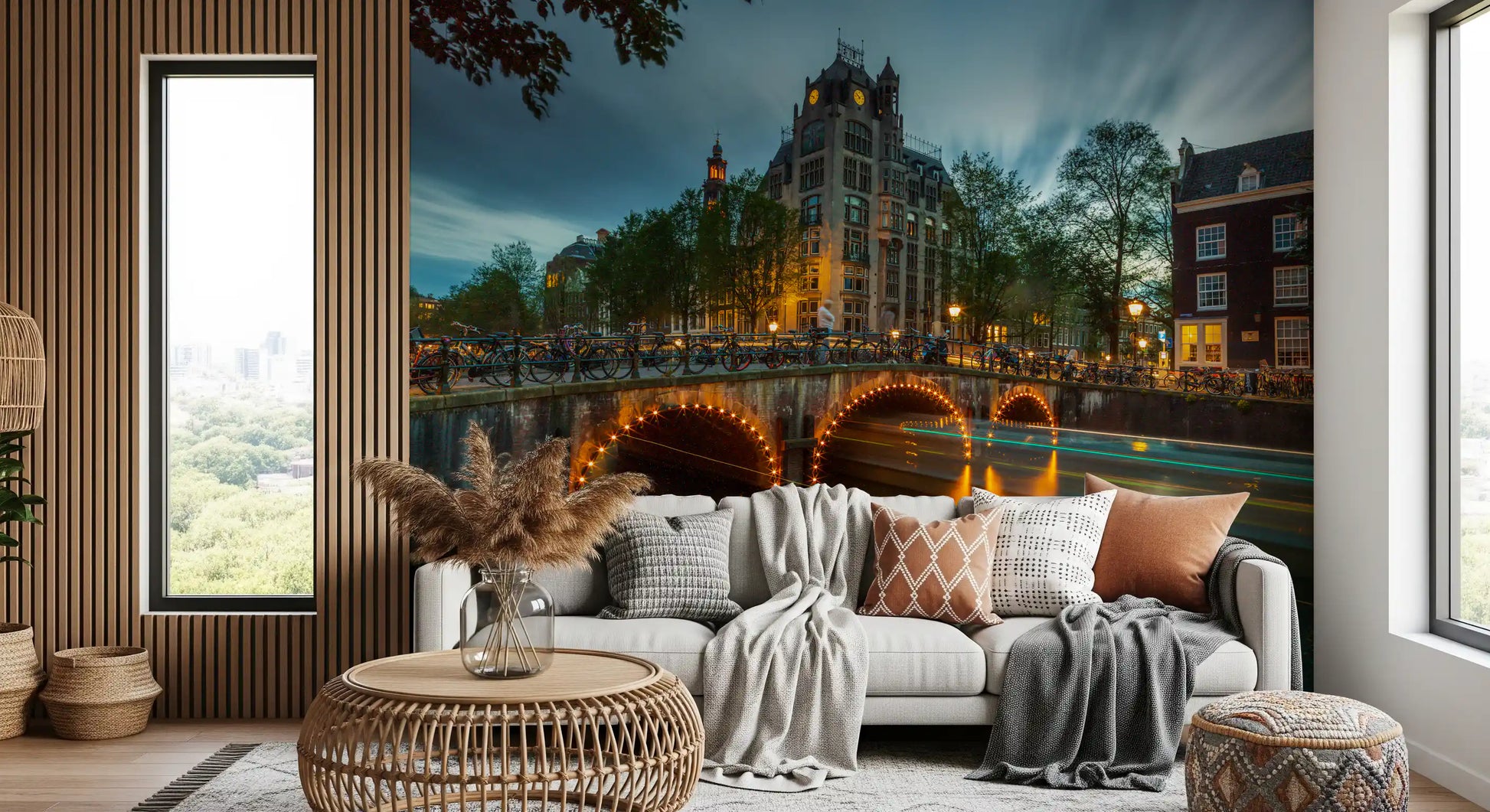 Amsterdam Canal Evening Illumination Wall Mural