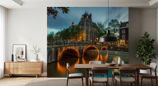 Illuminated canal bridge mural with glowing archway lamps in dining room GD11154