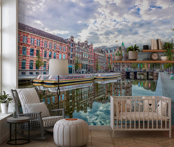 Amsterdam canal wall mural with red-brick gabled buildings and calm water in nursery GD11155