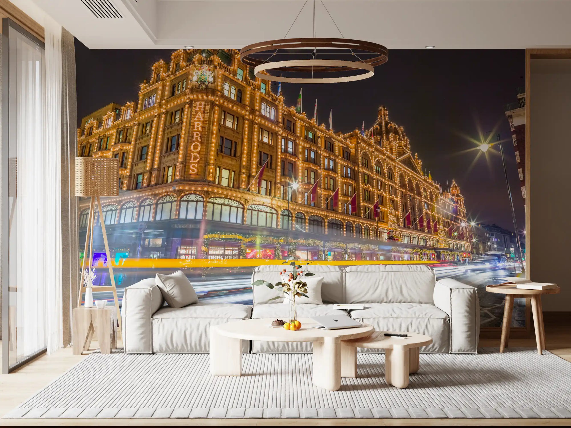 Illuminated landmark building wall mural glowing gold at night in living room GD11157