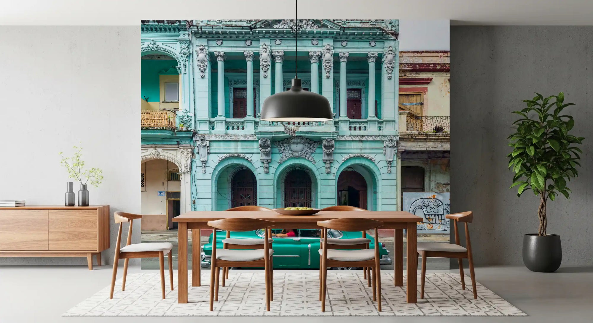 Havana architecture wall mural with mint-green colonial facade in dining room GD11158