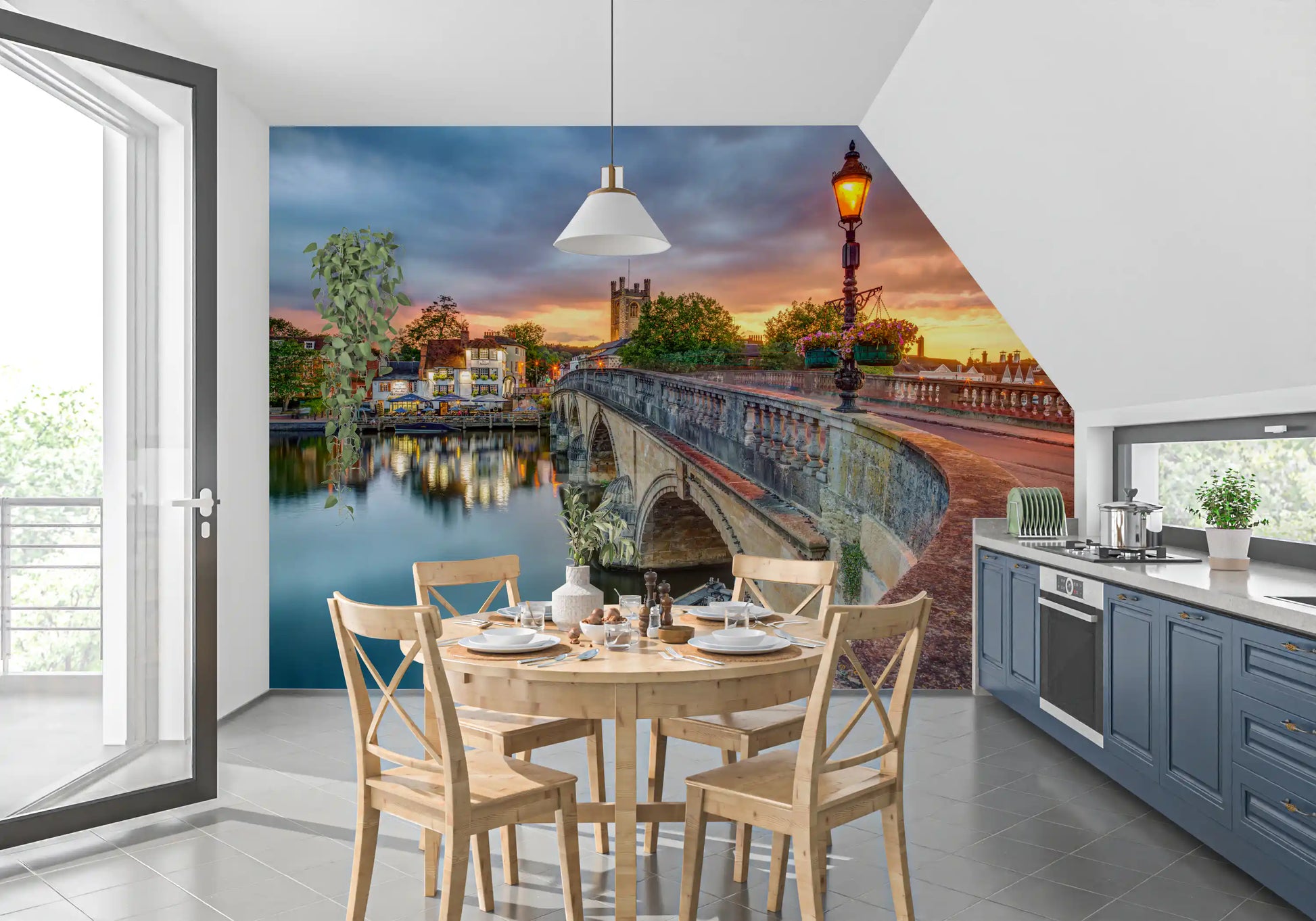 Riverside Town at Sunset Wall Mural