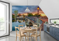 Riverside Town at Sunset Wall Mural