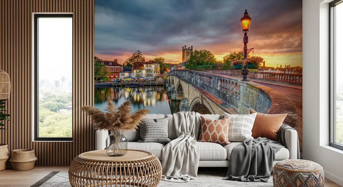 Riverside Town at Sunset Wall Mural