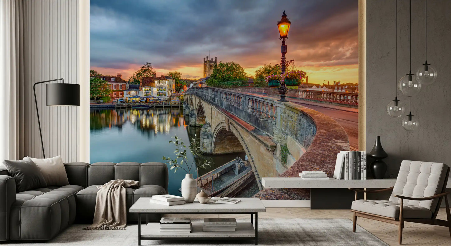 Riverside Town at Sunset Wall Mural