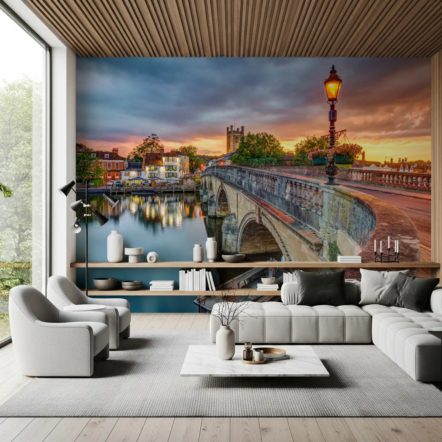 Riverside Town at Sunset Wall Mural
