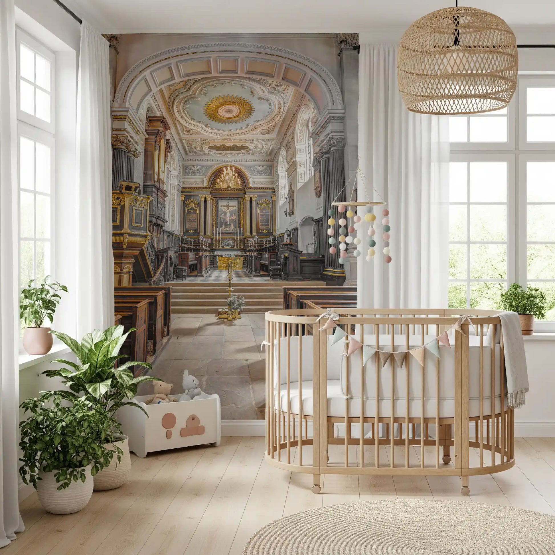Stained Wood and Gilded Church Interior Wall Mural