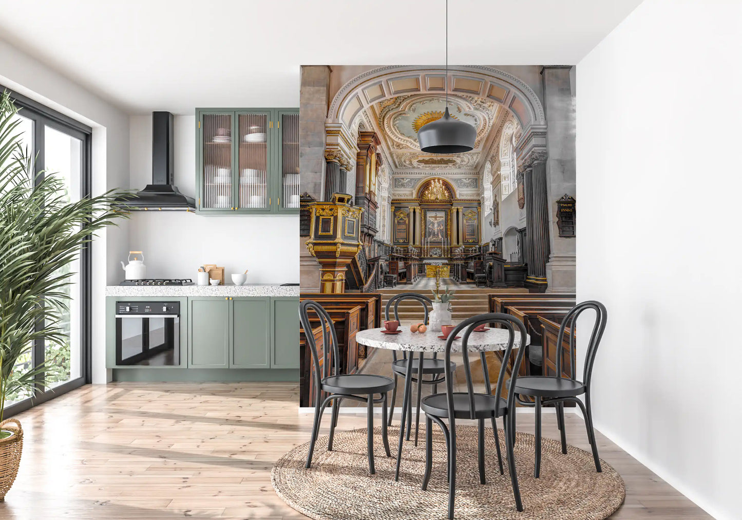 Stained Wood and Gilded Church Interior Wall Mural