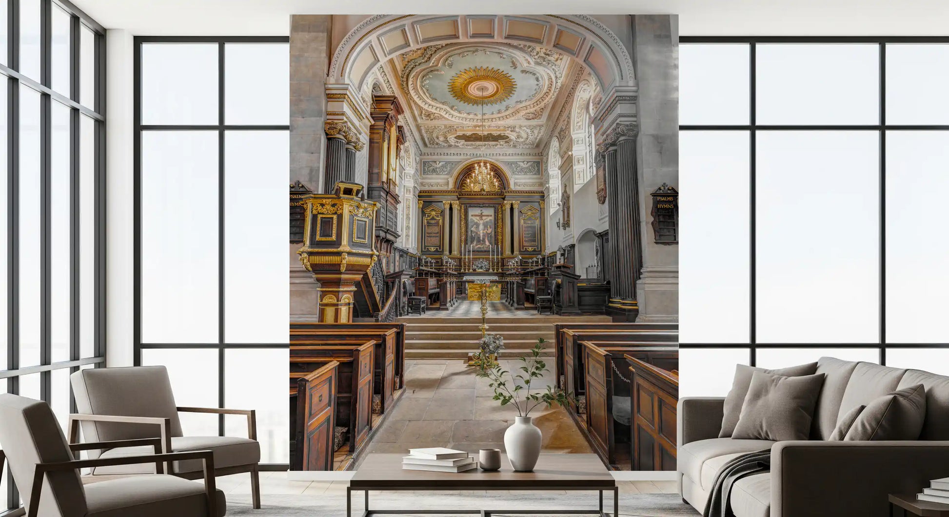 Stained Wood and Gilded Church Interior Wall Mural