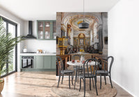 Stained Wood and Gilded Church Interior Wall Mural