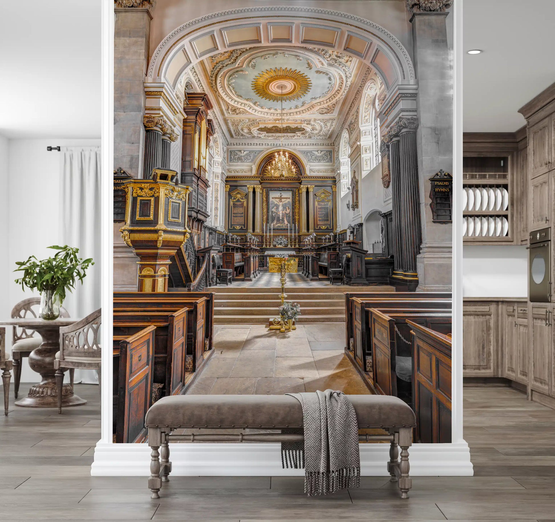 Stained Wood and Gilded Church Interior Wall Mural