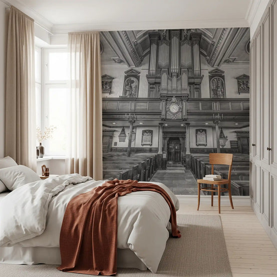 Black and white cathedral mural with a towering pipe organ in bedroom GD11162