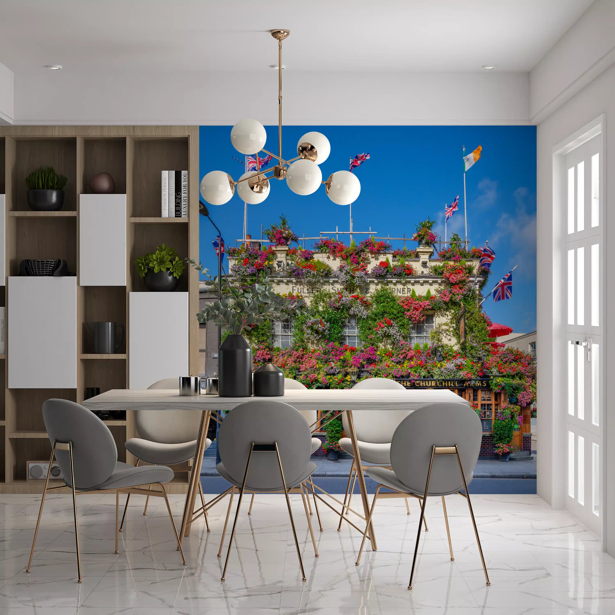 Floral pub exterior wall mural with a flower-covered cream building facade GD11167