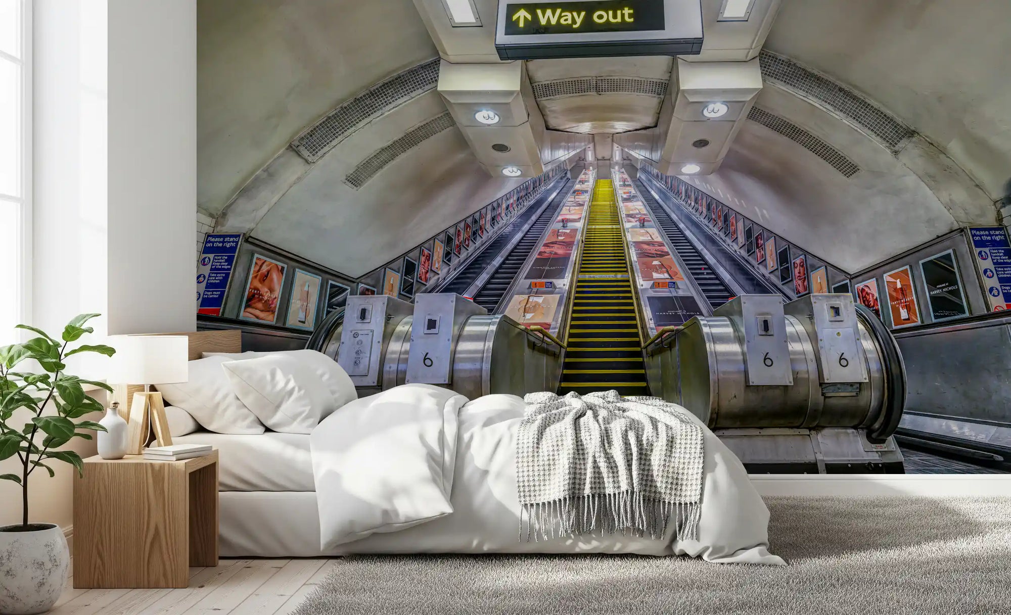 Underground transit wall mural with twin escalators and central staircase in bedroom GD11168