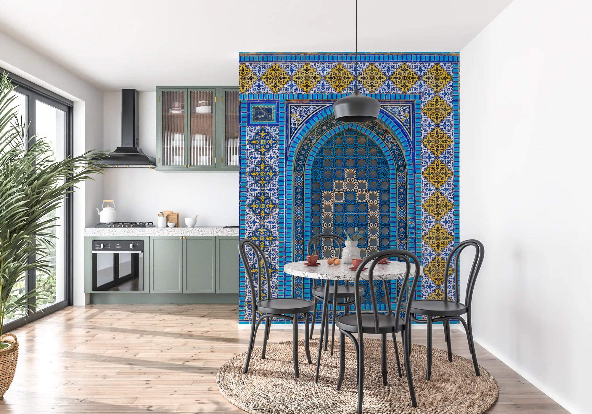 Mosaic arch wall mural with blue and gold geometric tilework in dining room GD11170