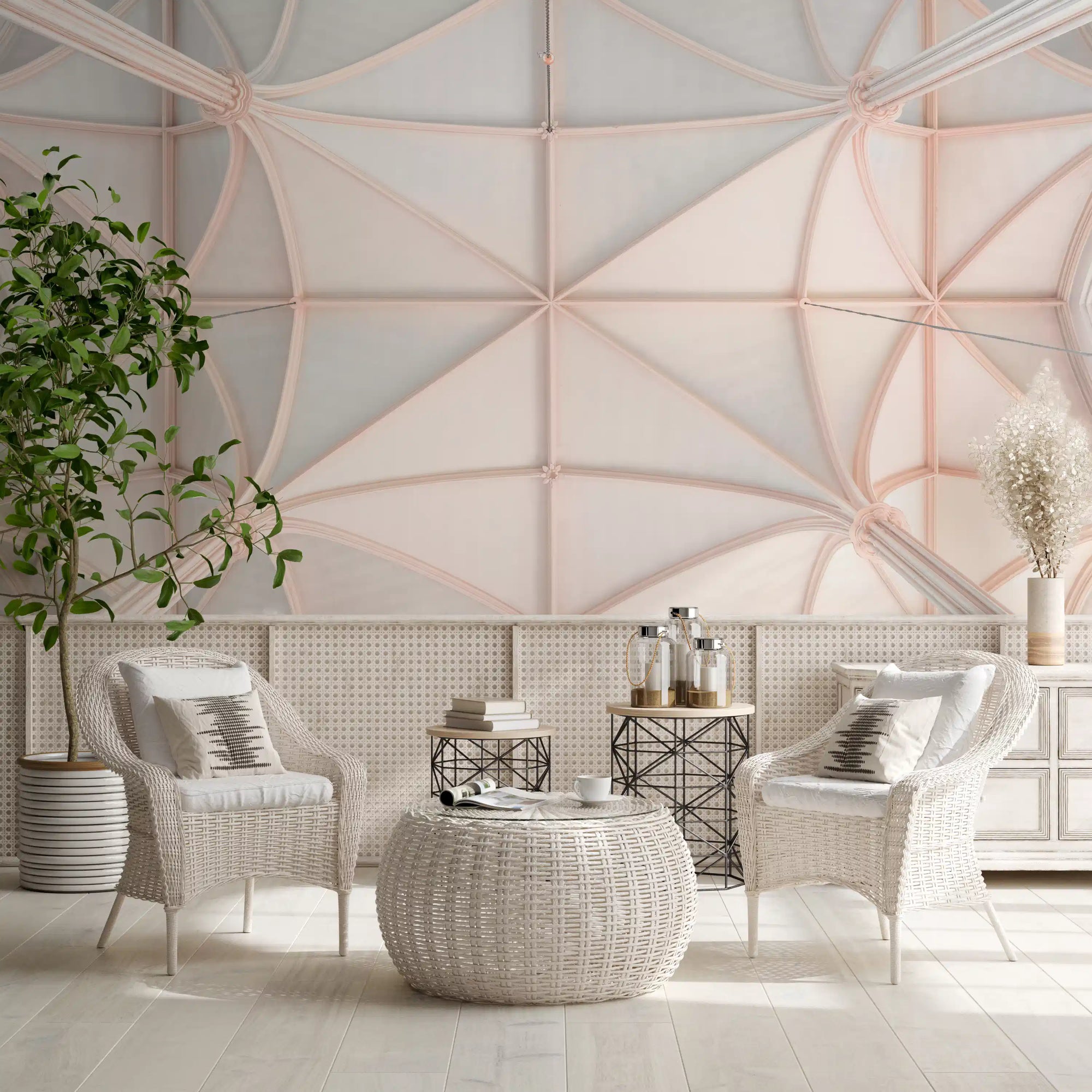 Vaulted ceiling wall mural with ribbed stone arches viewed from below GD11171