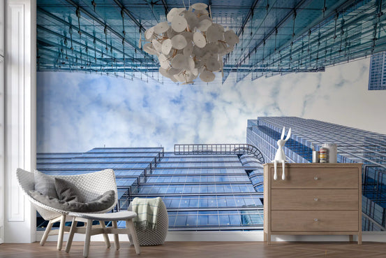 Glass skyscraper wall mural with mirrored towers viewed from below GD11172