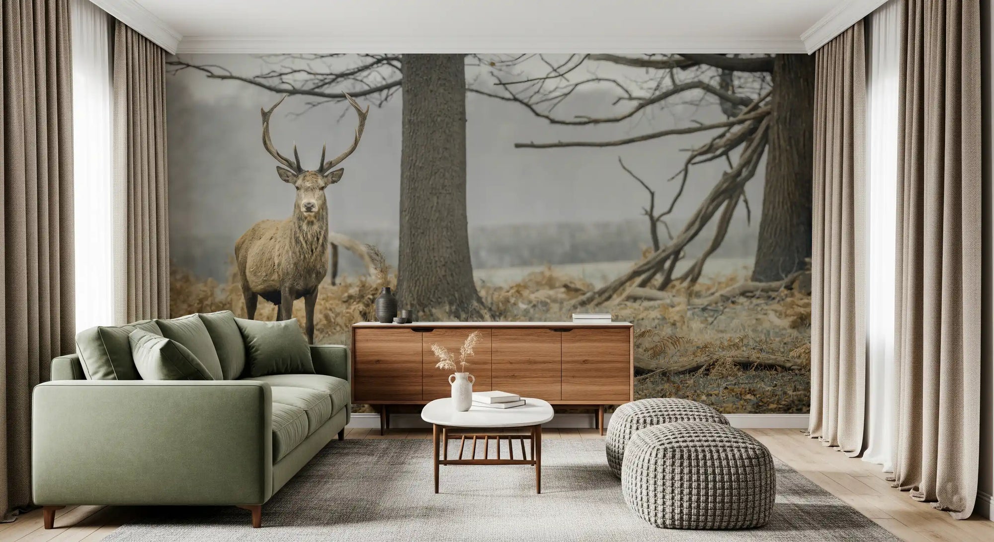 Woodland stag wall mural with a red deer standing in misty forest GD11173