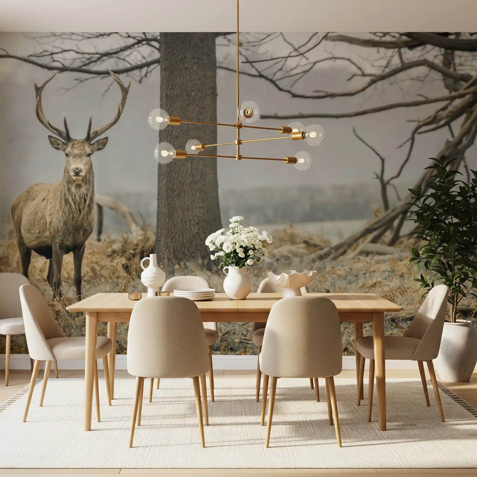 Majestic Woodland Stag in Misty Forest Wall Mural