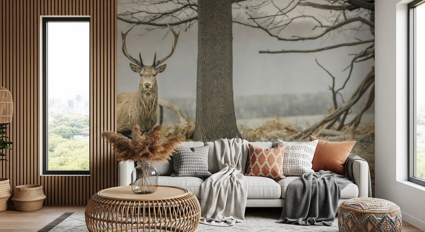 Majestic Woodland Stag in Misty Forest Wall Mural