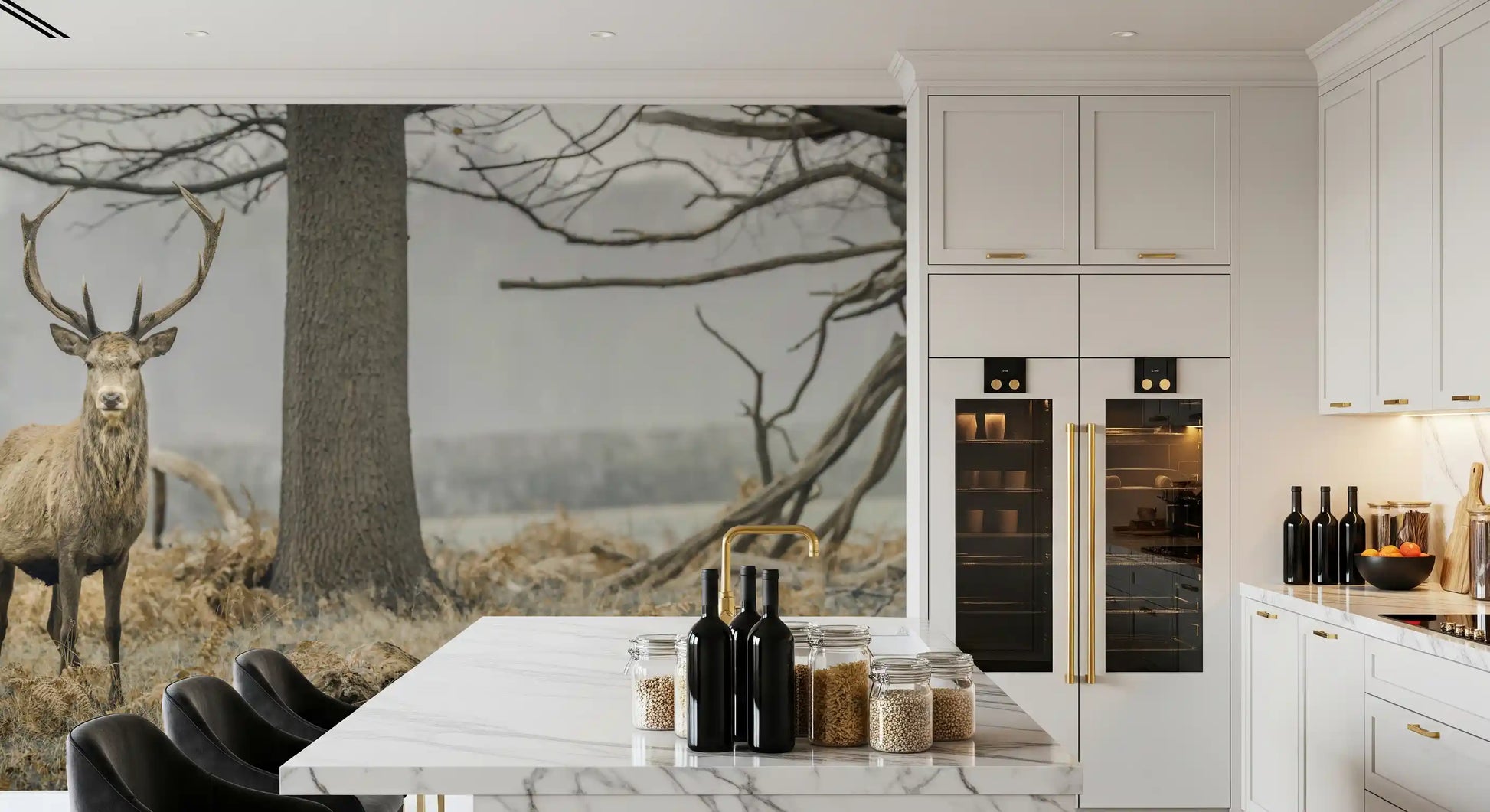 Majestic Woodland Stag in Misty Forest Wall Mural