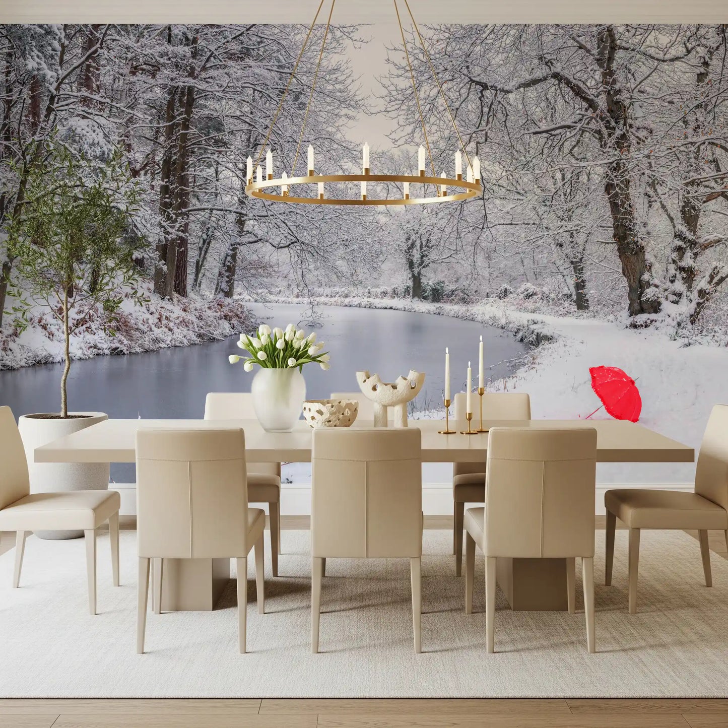 Winter Forest Red Umbrella Wall Mural