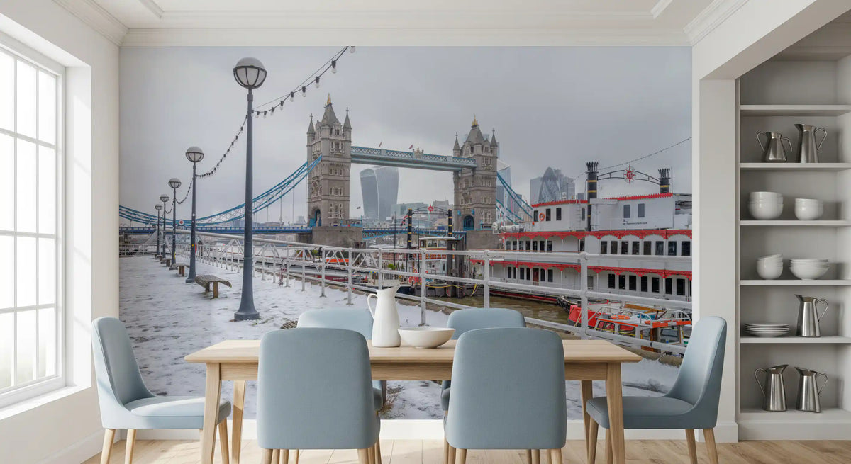 Snowy riverside wall mural with a twin-towered bridge in the dining room GD11175