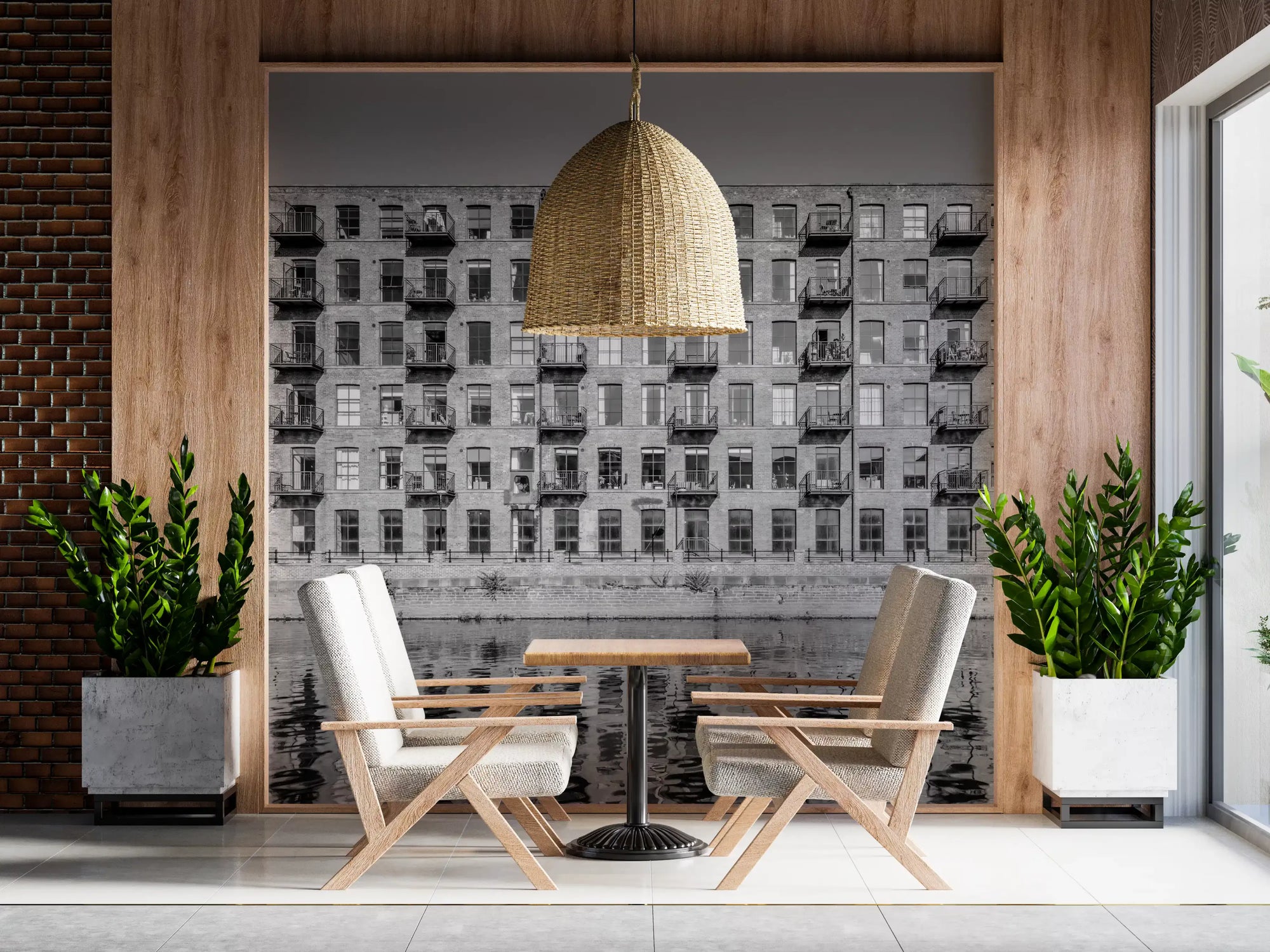 Brick loft facade wall mural with rows of tall windows in monochrome GD11177
