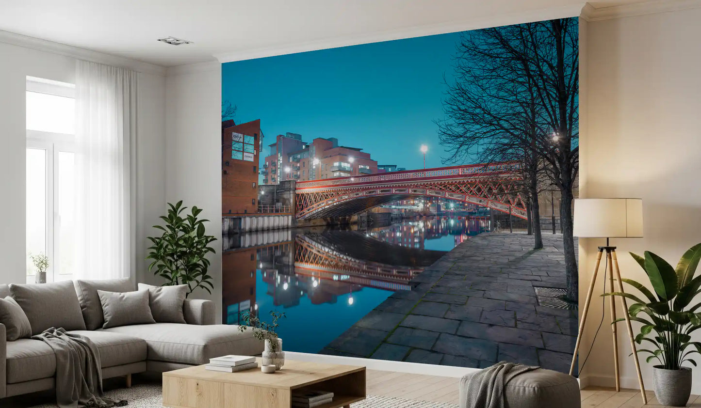 Urban River Reflection Bridge Wall Mural