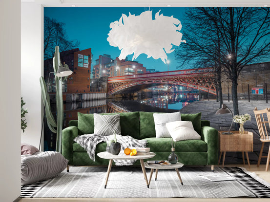 Urban River Reflection Bridge Wall Mural