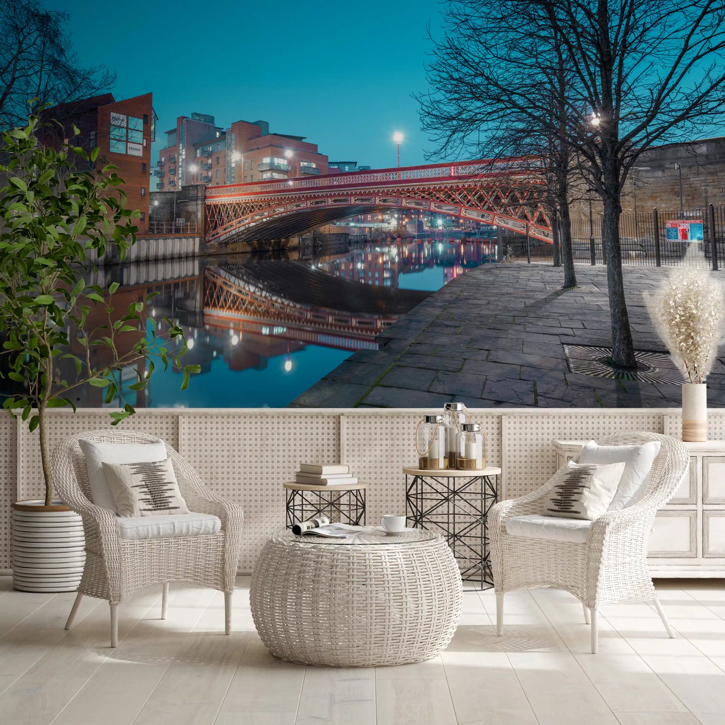 Urban River Reflection Bridge Wall Mural