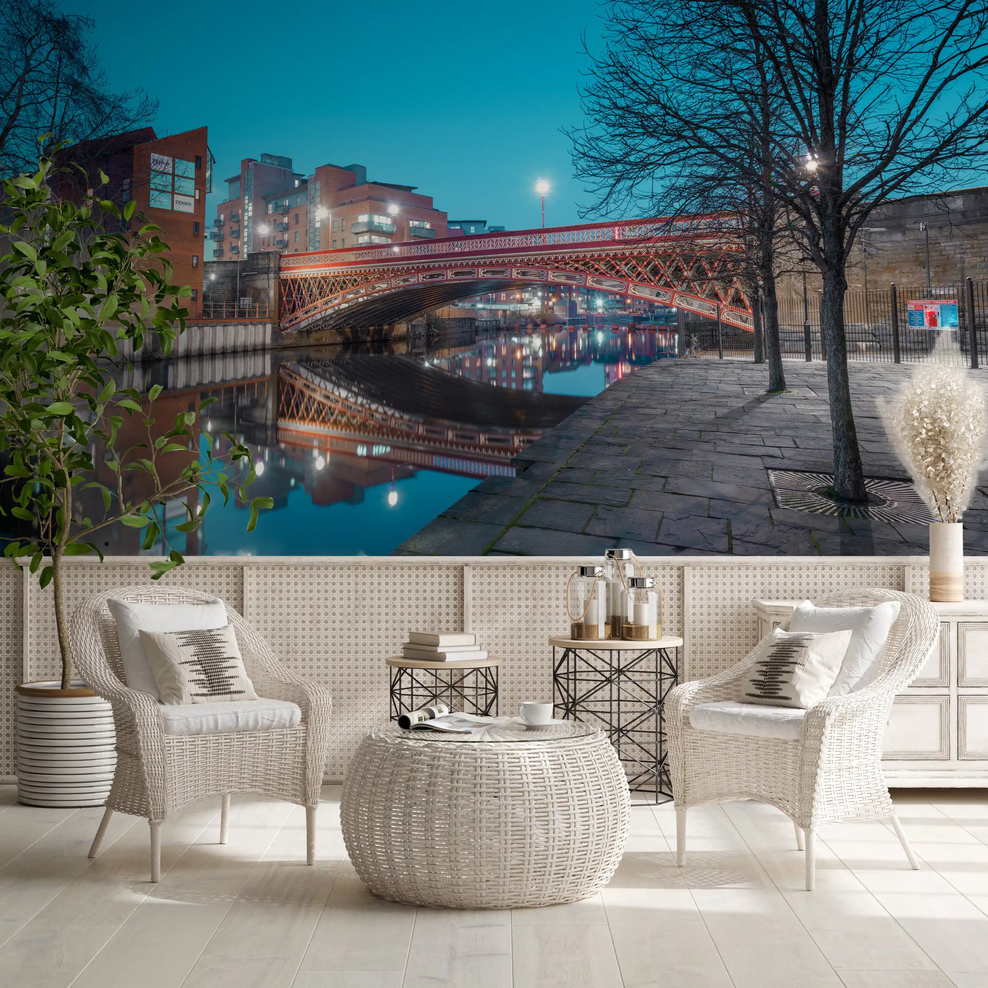 Urban River Reflection Bridge Wall Mural