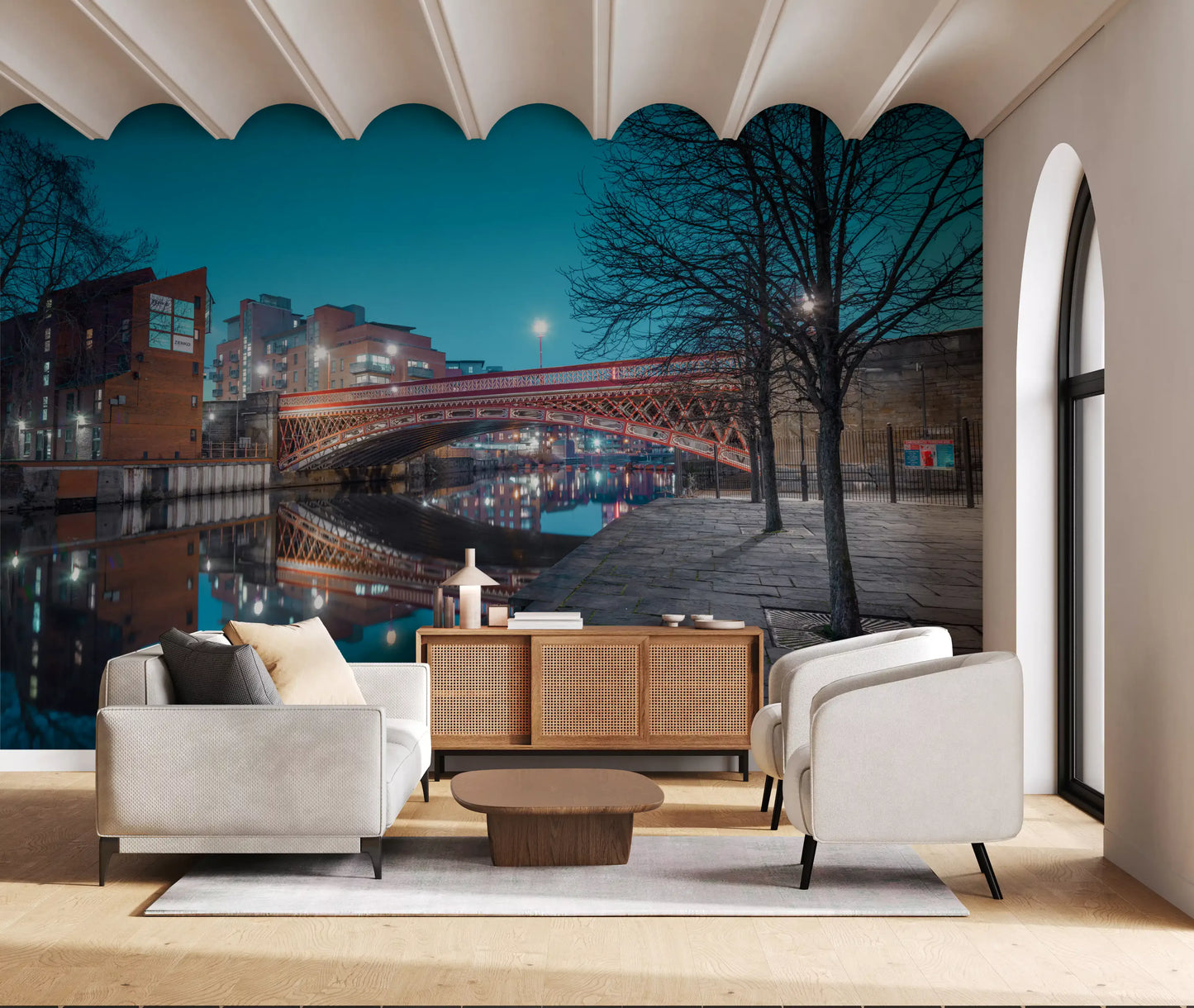 Urban River Reflection Bridge Wall Mural