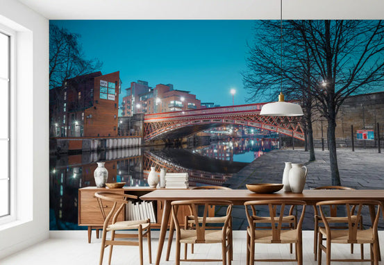 River reflection wall mural with a red iron arch bridge at dusk in dining room GD11178