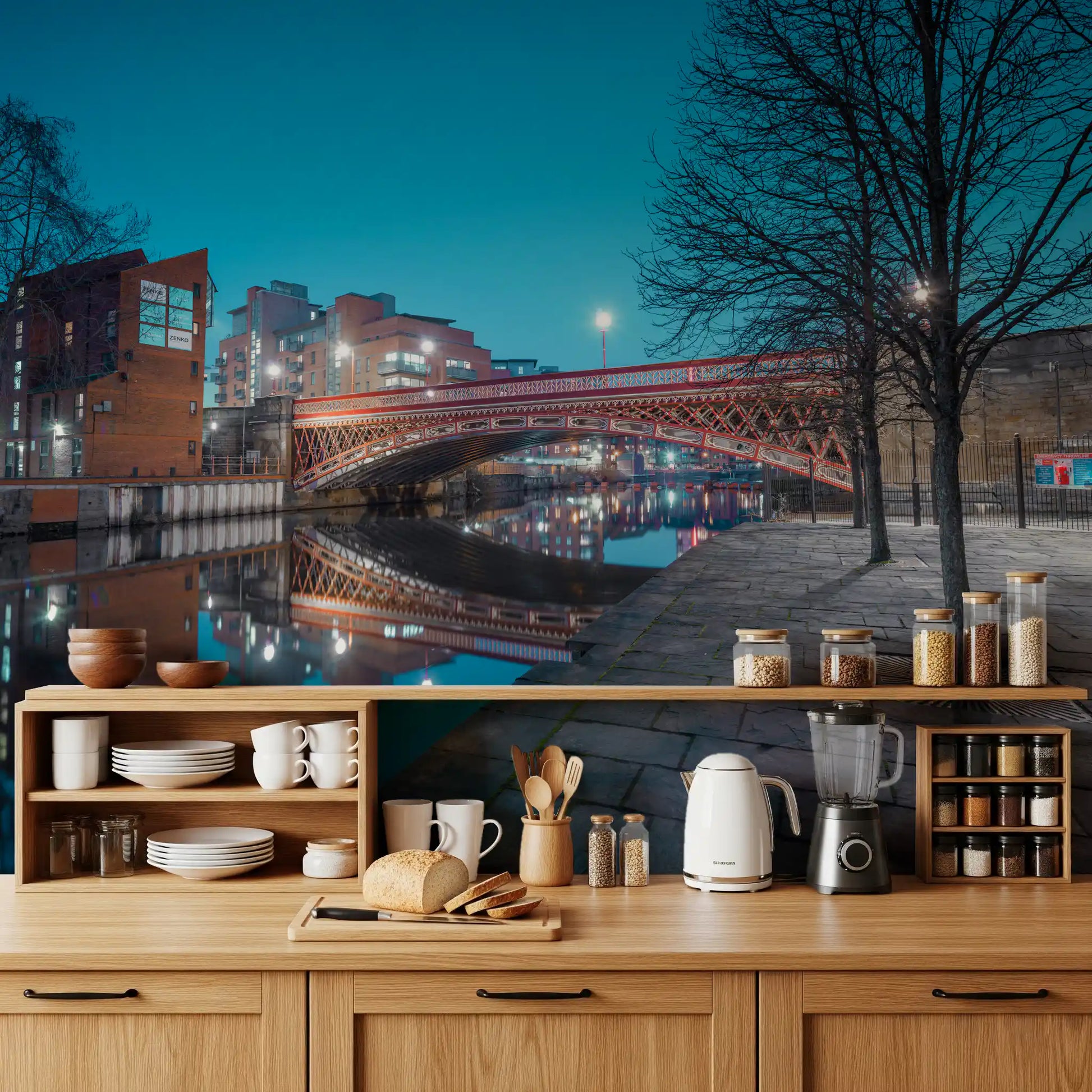 Urban River Reflection Bridge Wall Mural