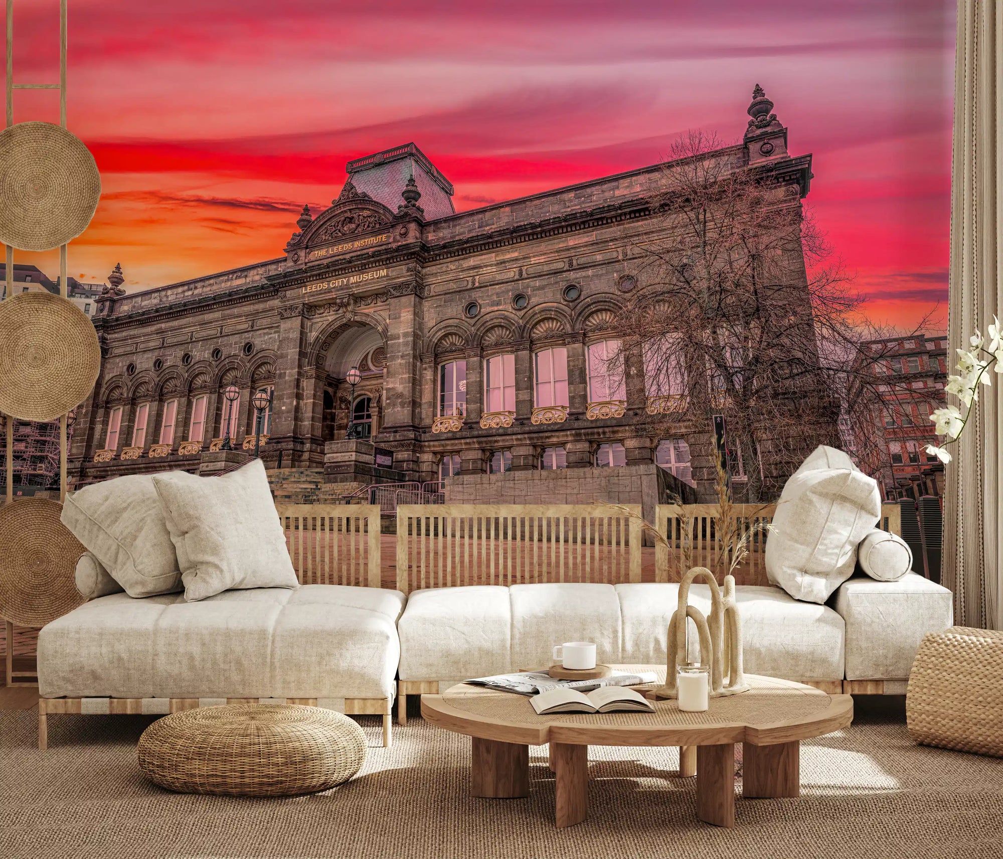 Urban sunset wall mural with a red umbrella on a cobbled square GD11179