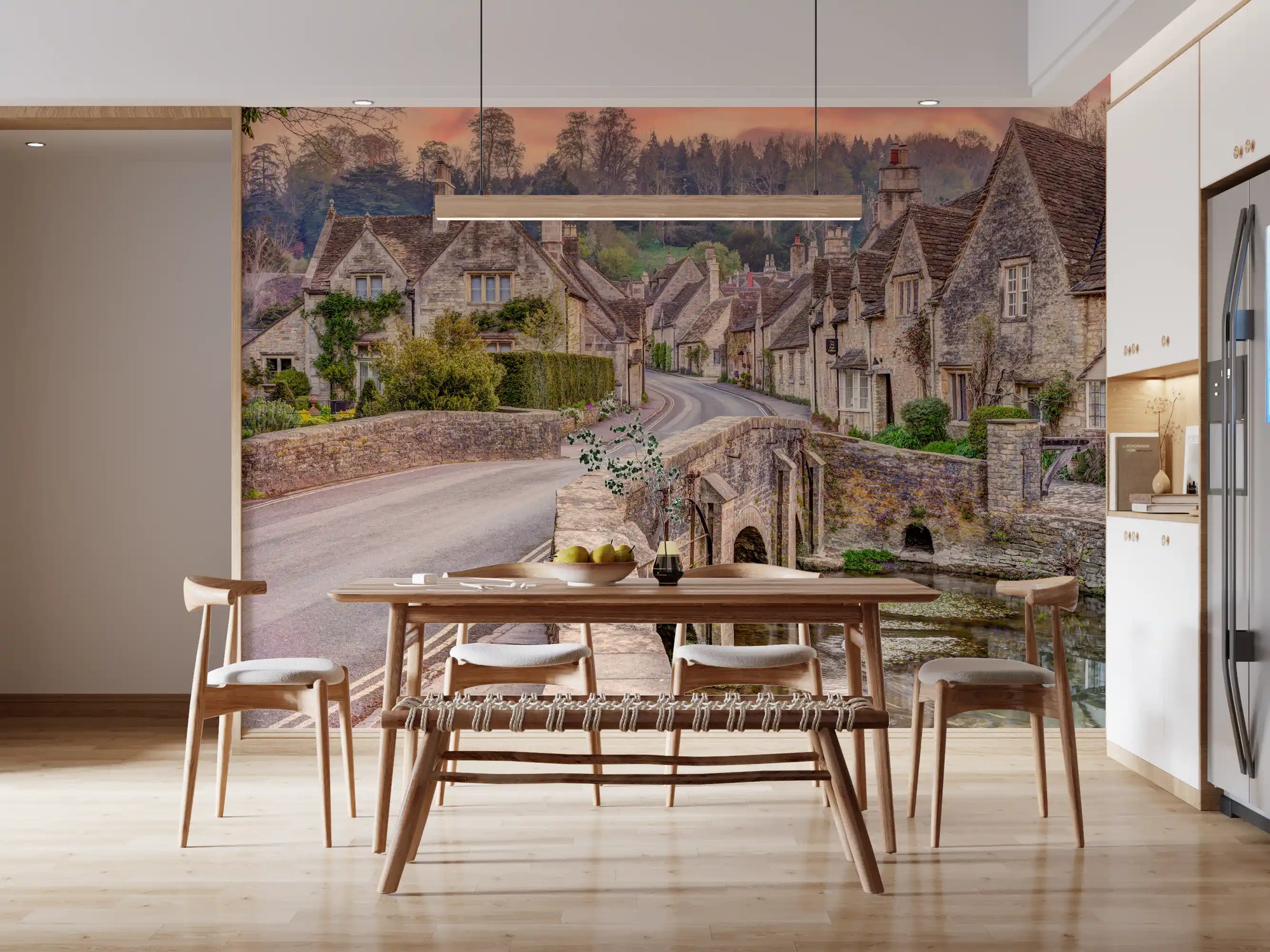 Village wall mural with honey stone cottages and arched bridge at dusk GD11181