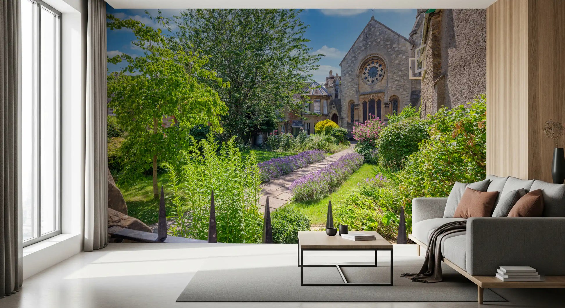 Old Town Stone Church Garden Scene Wall Mural