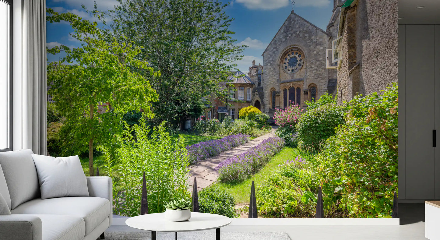 Old Town Stone Church Garden Scene Wall Mural