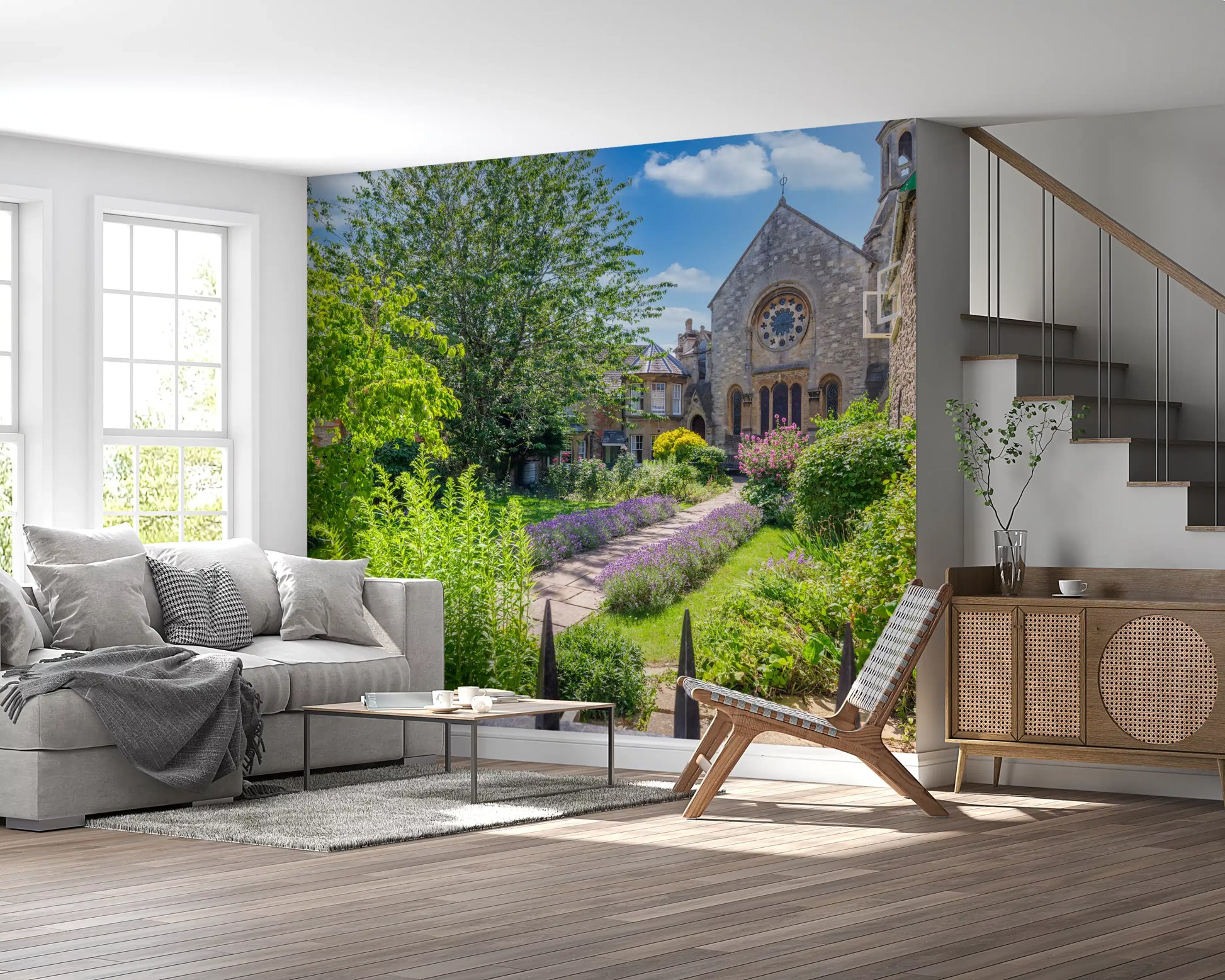 Old Town Stone Church Garden Scene Wall Mural