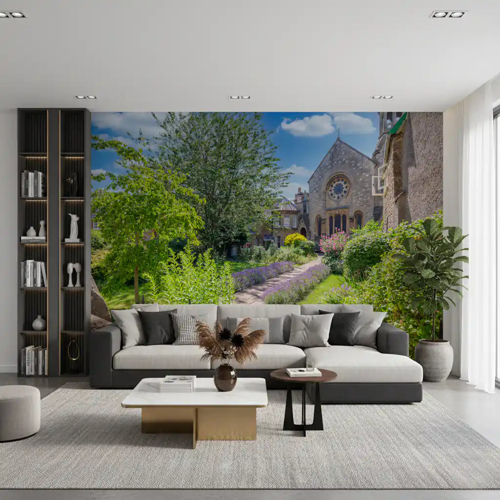 Stone church garden wall mural with lavender path and rose window in living room GD11182