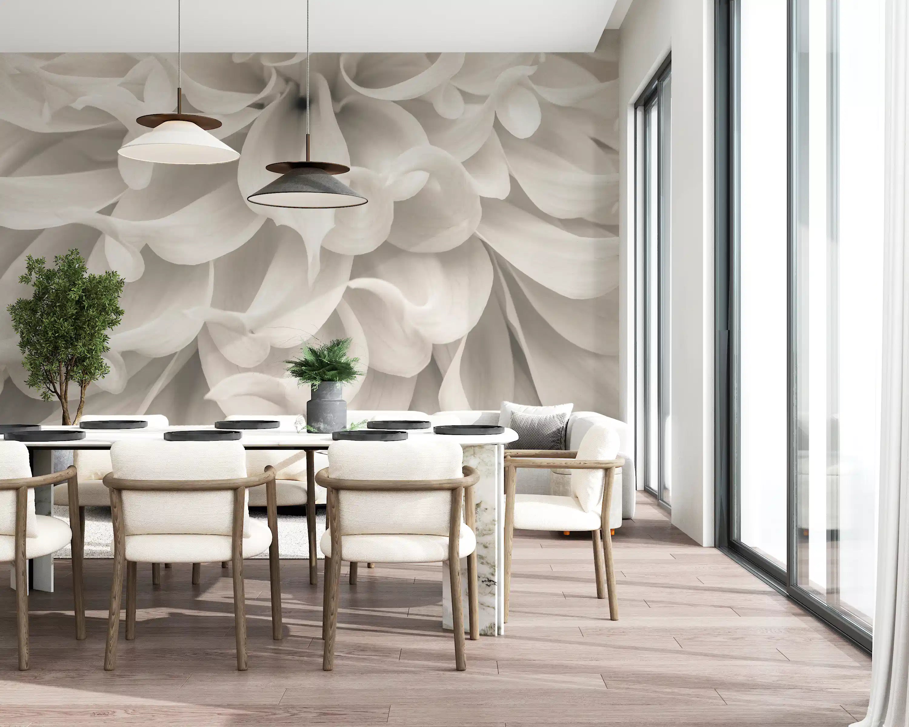 Cream flower wall mural with large layered petals and dark centre GD11183