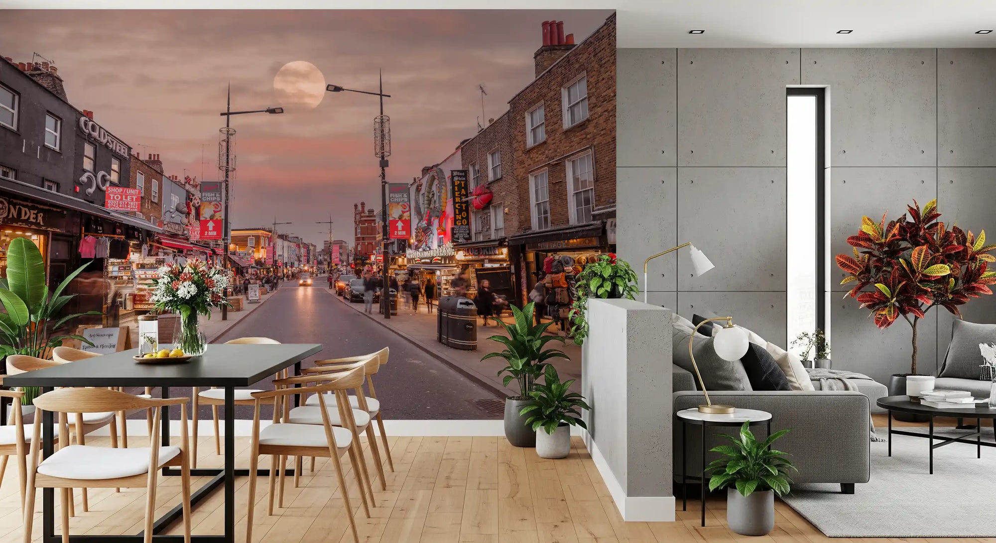 City street wall mural with a full moon over brick buildings at twilight GD11184