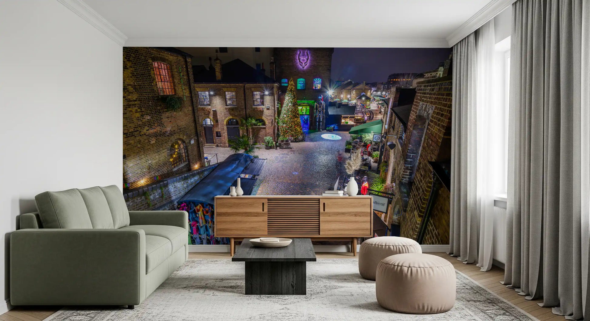 London Nighttime Cobblestone Market Square Wall Mural
