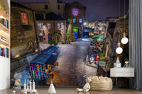 London Nighttime Cobblestone Market Square Wall Mural