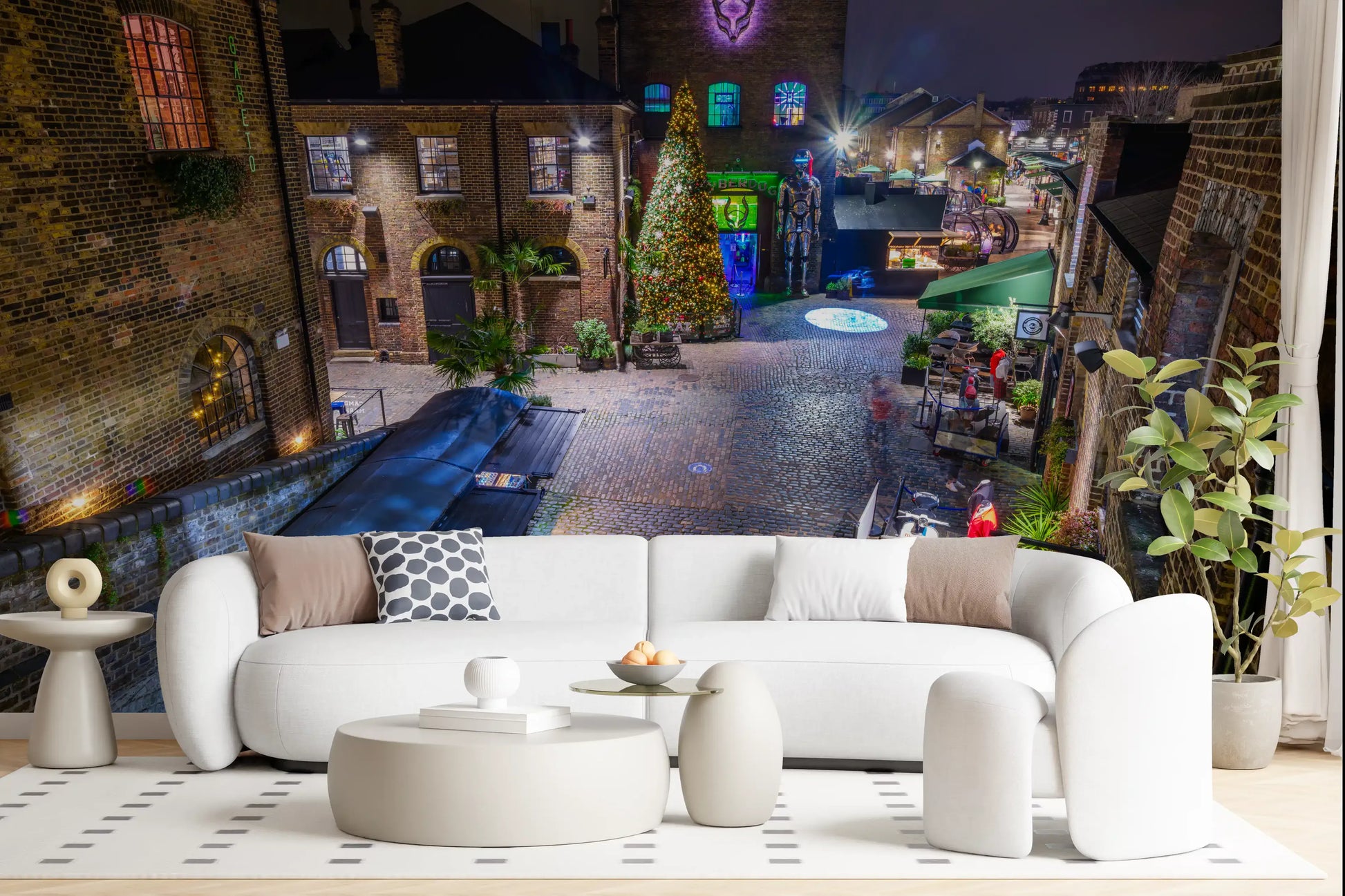 London Nighttime Cobblestone Market Square Wall Mural