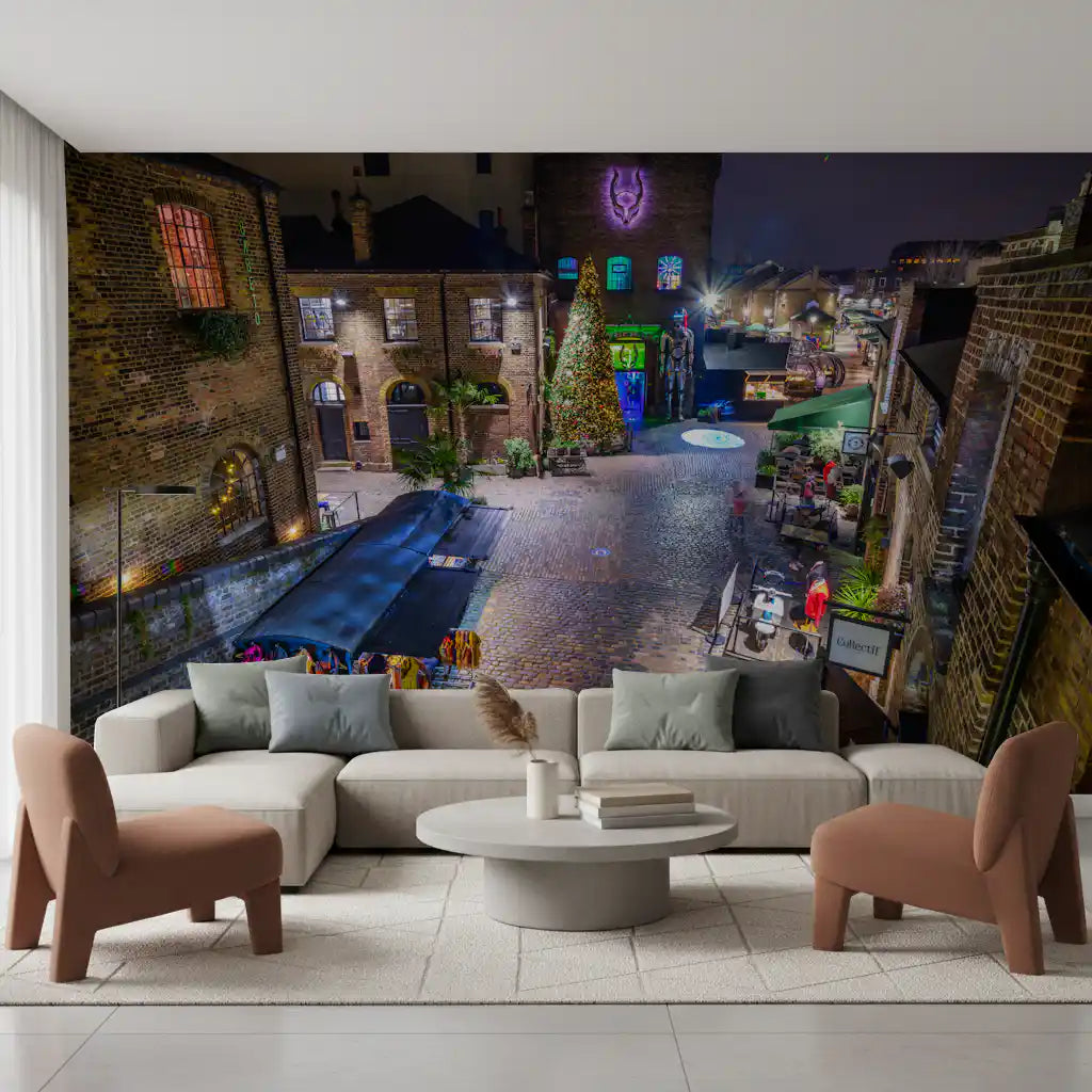 London Nighttime Cobblestone Market Square Wall Mural